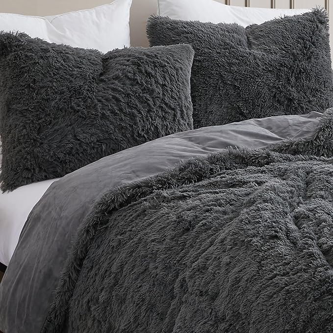 Queen Luxury Faux Fur Comforter Set - Soft & Breathable 7-Piece Bedding Collection - 1 Comforter, 1 Fitted Sheet, 1 Flat, 2 Pillowcases, 2 Pillow Shams - Deep Pocket - Premium Quality, Dark Gray