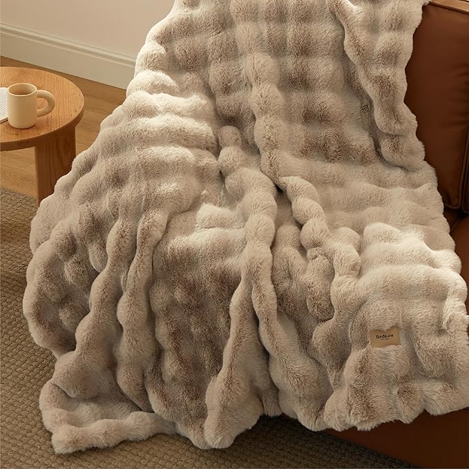 Bedsure GentleSoft Fluffy Fuzzy Beige Throw Blanket for Bed, Soft Cozy Fleece Faux Fur Blanket for Couch, Beige Room Decor Minky Velvet Bedding Sofa Cover, Thick Warm Plush Women Girls Birthday Gifts