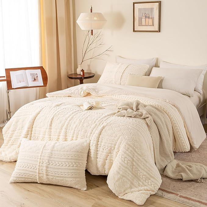 Warm Plush 3D Jacquard Boho Sherpa Fleece Twin Comforter Set for Children Kid - Cream, Twin/Twin XL Reversible Soft Bedding Comforter Set Fluffy Surface for Cozy Autumn Winter Night Christmas