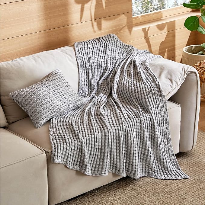 Bedsure 5 Pieces Cotton Comforter Set with Cotton Waffle Throw Blanket - Blue Queen Comforter, Pillow Shams, Grey Cooling Blanket of Rayon Derived from Bamboo for Hot Sleepers, Throw Pillow
