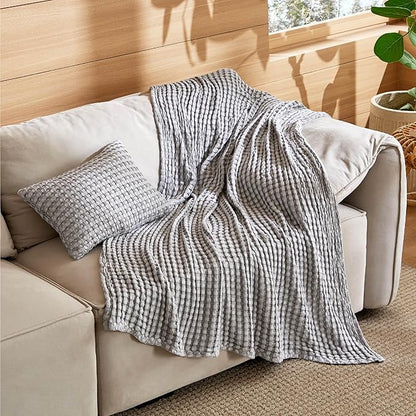 Bedsure 5 Pieces Cotton Comforter Set with Cotton Waffle Throw Blanket - Blue Queen Comforter, Pillow Shams, Grey Cooling Blanket of Rayon Derived from Bamboo for Hot Sleepers, Throw Pillow