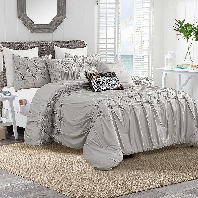 Elegant Comfort 12-Piece Bed-in-a-Bag, Ella Pleated Ruched Pintuck Comforter Set, 6-Piece Sheet Set Featuring Smart Pockets, Matching Decorative Pillows, All Season Bedding, California King, Silver