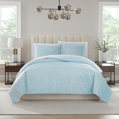 Nine West Maya 2 Piece Embossed Velvet Comforter Set, Luxurious All Season Bedding Including One Comforter and One Pillow Sham, Twin, Light Blue