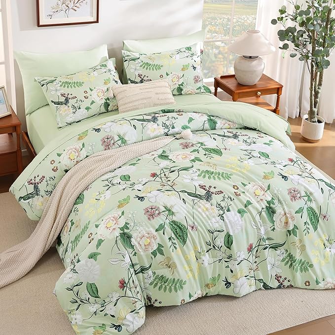 Anibedding 7Pieces Floral Queen Size Comforter Set, Green Garden Plant Style Bed in a Bag Flower Bedding with Pillow Case for Bedroom