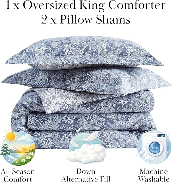 Southshore Fine Living, Inc. Oversized King Comforter Bed Set, Down Alternative Paisley Bedspread, Reversible Bedding Sets, California King Sized Comforter & Matching Shams, Blue/White