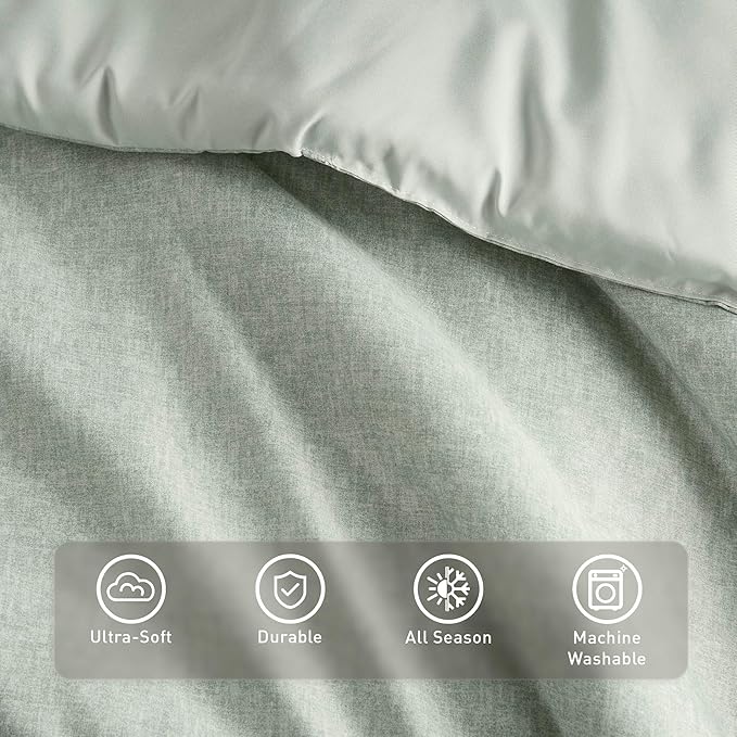 Full/Queen Size Comforter Set, Lightweight Sage Green Soft Bedding for All Seasons, 3 Pieces Chambray Print Solid Farmhouse Bed Set, Comforter & Shams