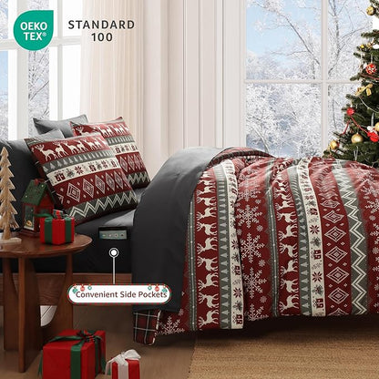 MaiRêve Christmas Queen Comforter Set, Red Reindeer Snowflake Bed Set for Holiday, Reversible Plaid Checkered Comforter Bed in a Bag, Soft Bedding Set 7 Pieces with Sheets, Pillowcases & Shams