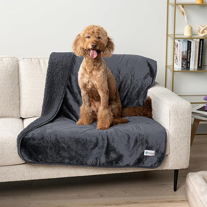 PetAmi Waterproof Dog Blanket Sherpa Fleece, Pet for Medium Large Dogs, Reversible Cat Throw Bed Couch Sofa Furniture Protector, Soft Plush Microfiber (Queen 90x90, Gray), Queen (90x90)