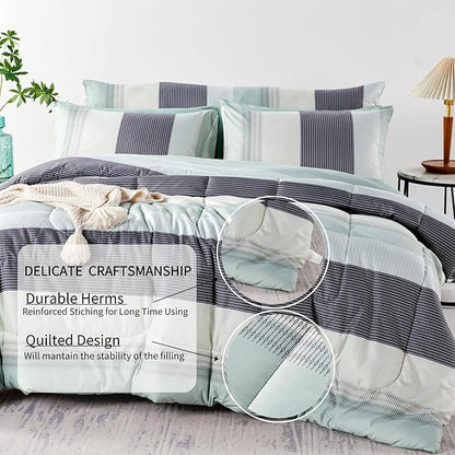 RYNGHIPY Sage Green Striped Comforter Set, Geometric Lightweight Soft Bedding Set, All Season Down Alternative Men Boy Comforter with Sheets Pillowcses (Queen,Sage Green)