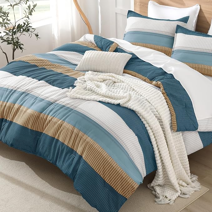 Litanika Comforter Set King Size Green Yellow - 3 Pieces Lightweight Colorblock Stripe Fluffy Bedding Comforter Sets, All Season Bed Set