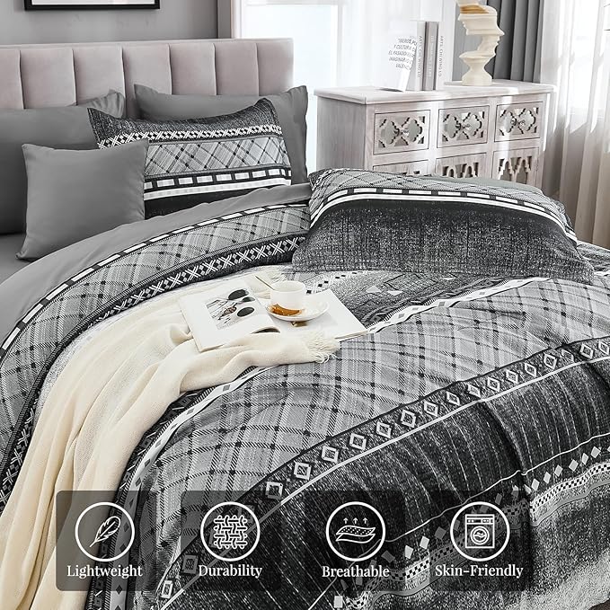 WONGS BEDDING 8 Piece Queen Size Comforter Set, Black Grey Striped Bed in a Bag Comforter and Sheet Set, Boho Lightweight Microfiber Bedding Set for All Season (90"×90")