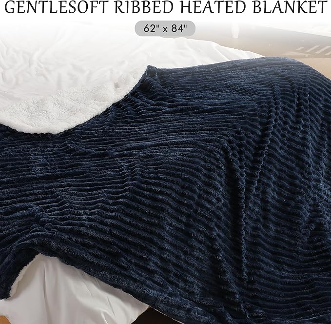 Electric Blanket Heated Twin Blanket, Super Soft Flannel & Sherpa Electric Twin Blanket with 6 Fast Heating Levels, 10 Hours Auto Off & OverHeat Protection, Machine Washable, 62'' X 84'', Navy Blue