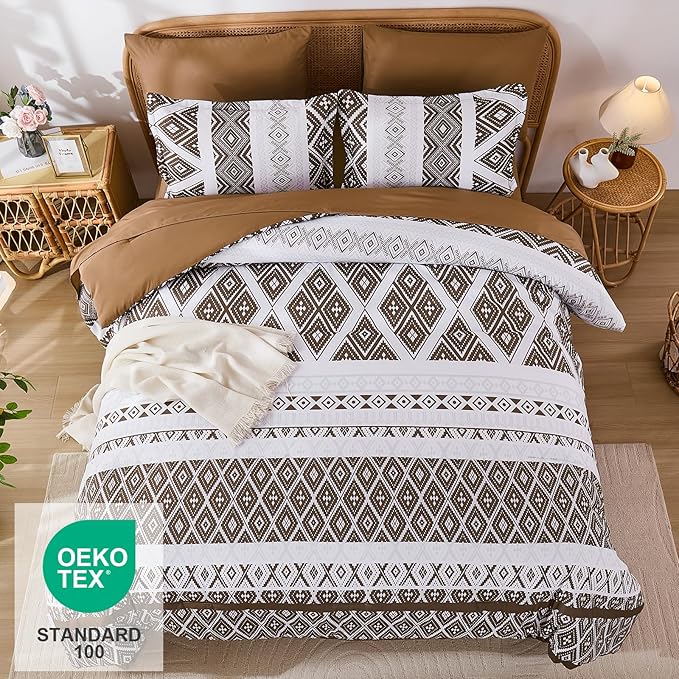 Luxudecor Brown Comforter Set King Size 7 Pieces,Boho Aztec Comforter with Sheet Set,Geometric Striped Pattern Bed in a Bag,Soft Microfiber Bed Set 104"x90"