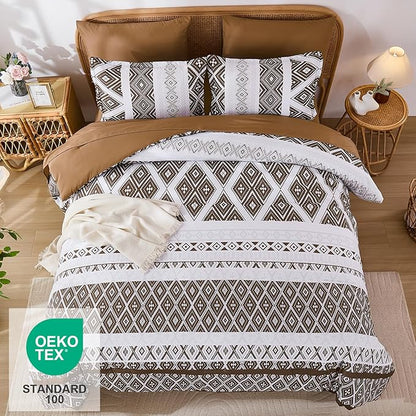 Luxudecor Brown Comforter Set King Size 7 Pieces,Boho Aztec Comforter with Sheet Set,Geometric Striped Pattern Bed in a Bag,Soft Microfiber Bed Set 104"x90"