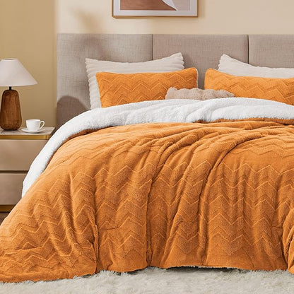BEDELITE Fluffy King Size Comforter Set - Super Soft Sherpa Burnt Orange Comforter for King Size Bed, Luxury Warm Bedding Set for Winter, Fuzzy Bed Set 3 Pieces (1 Comforter, 2 Pillowcases)