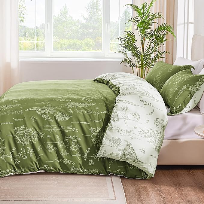 Love's cabin Olive Green Twin Comforter Set - Twin XL Size Comforter Set Dorm Bedding, 2 Pieces Cute Floral Bedding, Soft Reversible Flowers Comforter, 1 Comforter & 1 Pillow Sham