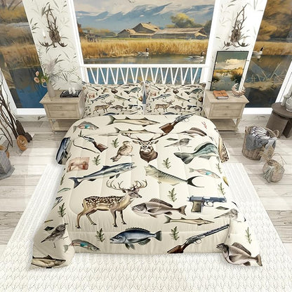 Erosebridal Hunting and Fishing King Comforter Set,Deer Hunting Bedding Sets for Kids Boys Men,Big Bass Pike Fish Quilt Bed Set,Rustic Cabin Lake House Bedroom Decor,2 Pillowcases Breathable