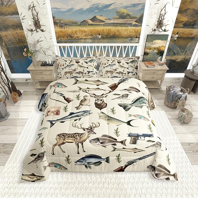 Erosebridal Hunting and Fishing Twin Bedding Set,Deer Hunting Comforter Set for Kids Boys Girls,Big Bass Pike Fish Comforter,Rustic Cabin Lake House Bedroom Room Decor,1 Pillowcase Breathable