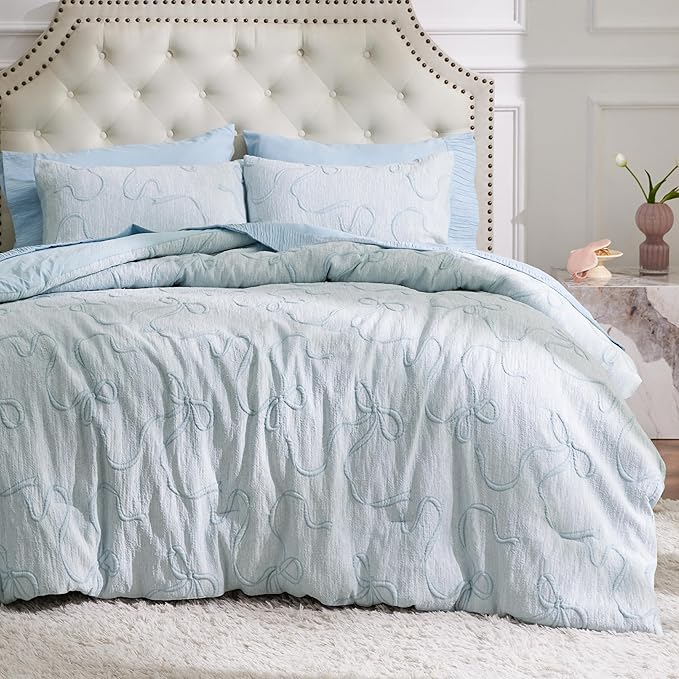 Bedsure Full Size Comforter Sets, GentleSoft™ 3 Pieces Bow Cute Bedding Blue Room Decor Aesthetic, Full Size Bedding Sets Gifts for Her, 1 Blue Comforter, 2 Pillow Shams, 82x86 Inches
