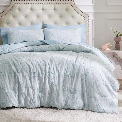 Bedsure Full Size Comforter Sets, GentleSoft™ 3 Pieces Bow Cute Bedding Blue Room Decor Aesthetic, Full Size Bedding Sets Gifts for Her, 1 Blue Comforter, 2 Pillow Shams, 82x86 Inches