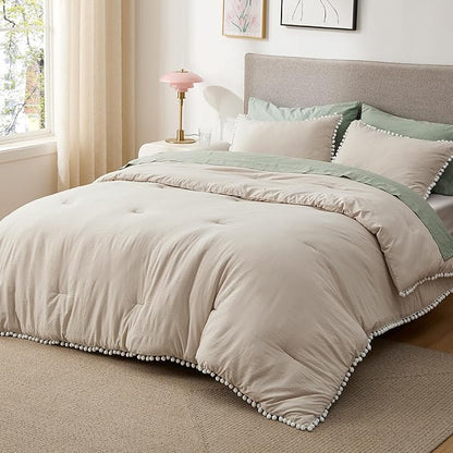 Bedsure Twin/Twin XL Comforter Set - Linen Pom Pom Comforter, 2 Pieces Shabby Chic Bedding Comforter Set for All Seasons, Fluffy Soft Bedding Set with 1 Pillow Sham