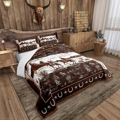 Feelyou Western Aztec Comforter Set Full Size Horse Cowboy Bedding Set for Boys Men Kids Teens Rustic Western Decor Country Wild West Down Comforter Brown and White Duvet Set with 2 Pillowcase