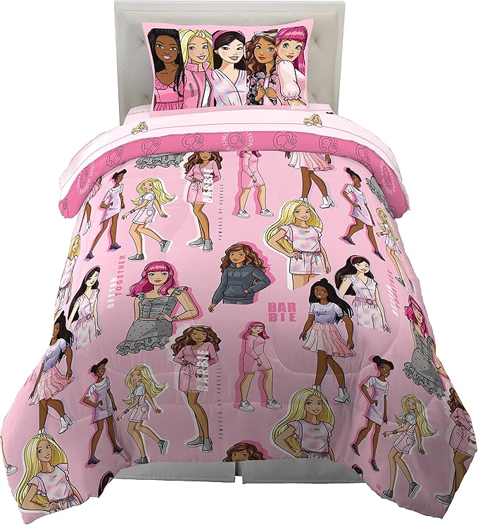 Franco Barbie Barbiecore Bedding Super Soft Comforter and Sheet Set with Sham, 5 Piece Twin Size, College Dorm Essentials (Official Licensed Product)