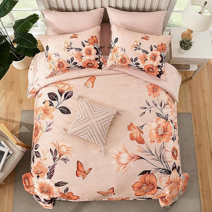 Floral Comforter Set Queen Size,7 Piece Orange Bed in a Bag, Elegant Flower Pattern Comforter Set with Sheet, Soft Microfiber Complete Bedding Sets for All Season