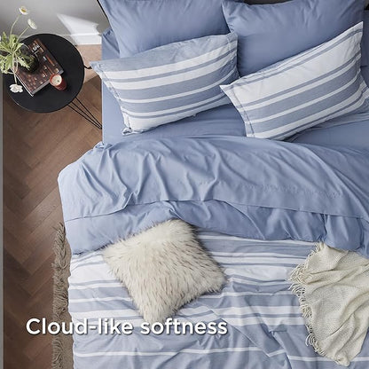Bedsure King Comforter Set 7 Pieces, Blue Striped Bedding Set for All Seasons, Reversible, Cationic Dyeing Bed in a Bag with Comforter, Sheets, Pillowcases & Shams