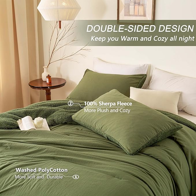 Warm Ultra-Soft Sherpa Fleece Fluffy Comforter Queen Set - Plush Cozy Olive Green Sherpa Bedding Down Alternative Blanket Comforter and 2 Pillowshams Winter Fall for Full/Queen Size Bed