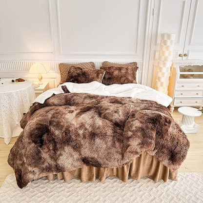 Luxury Faux Fur Shaggy Comforter Set Twin Size, Plush & Sherpa Reversible Comforter Tie Dye Coffee, 3 Pieces Fluffy Fuzzy Bedding Set Ultra Soft and Warm for Winter (1 Comforter + 2 Pillowcases)
