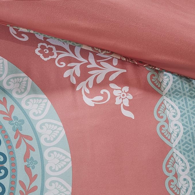 Intelligent Design Complete Bed In A Bag Casual Boho Comforter with Sheet Set Decorative Pillow, All Season Bedding Set, Twin XL, Loretta Coral 7 Piece