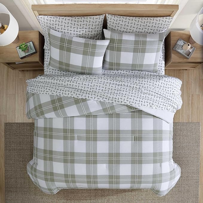 Eddie Bauer - Full/Queen Comforter Set, Premium Cotton Embroidered Bedding with Matching Sham(s), Plaid Bedding Set (Mountain Embroidery Plaid Green, Full/Queen)