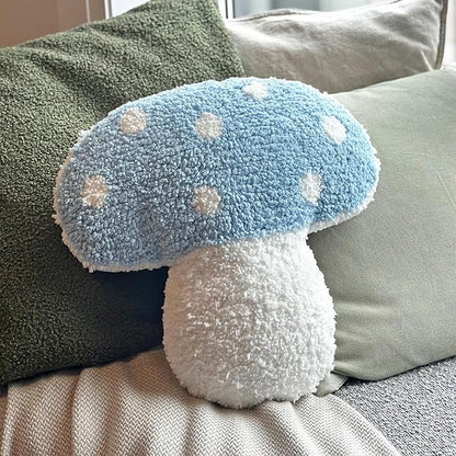 Mushroom Throw Pillow Tufted Decorative Cushion 15” x 15” – Decor for Bed, Couch, Living Room (Blue)