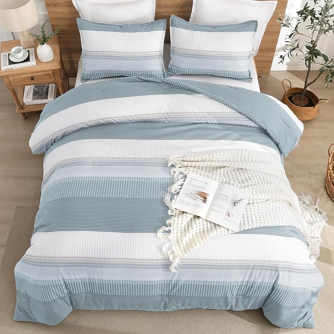Litanika Light Blue Comforter King Size Set, 3 Pieces Bedding Set, Blue White Colorblock Stripe (104x90In Comforter & 2 Pillowcases)