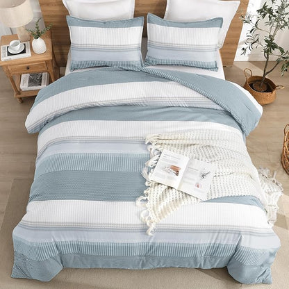 Litanika Light Blue Comforter Queen Size Set, 3 Pieces Bedding Set, Double Blue White Colorblock Stripe (90x90In Comforter, 2 Pillowcases)