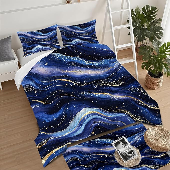 Luxury Royal Blue Gold Comforter Set King Size for Kids Women Men Navy Blue Gold Marble Bedding Set Abstract Goled Lines Bed Set Soft Galaxy Agate Quilt Set with 1 Comforter + 2 Pillowcases