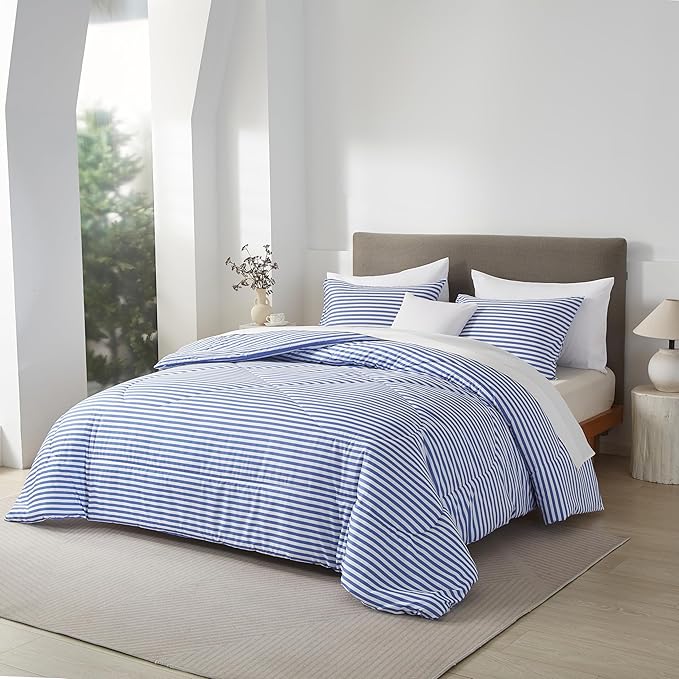 mixinni Striped Comforter Set King Size -Blue Stripes Pattern Bed Set for All Season, 3 Pieces Lightweight Bedding Comforter Sets for All Seasons (1 Soft Fluffy Comforter + 2 Pillowcases)