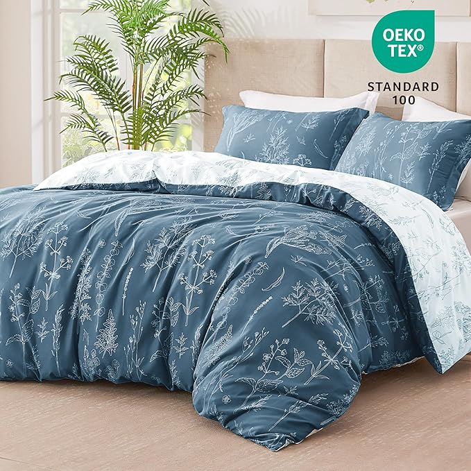 Love's cabin Bluish Grey Comforter Set King - King Size Comforter Set, 3 Pieces Cute Floral Bedding Sets for All Seasons,1 Soft Reversible Botanical Flowers Comforter and 2 Pillow Shams