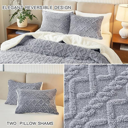 Joyreap 3-Piece Fluffy Faux Fur Sherpa Comforter Set Light Gray, Queen Size Luxury Tufted Bedding Comforter Set, All Season Soft n Cozy Plush Comforter Bed Set- 88x88 inches