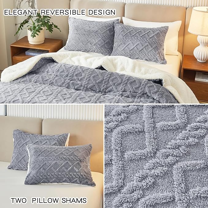 Joyreap 3-Piece Fluffy Faux Fur Sherpa Comforter Set Light Gray, Twin Size Luxury Tufted Bedding Comforter Set, All Season Soft n Cozy Plush Comforter Bed Set- 68x86 inches