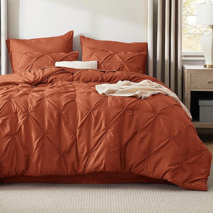Bedsure King Size Comforter Set Burnt Orange - Bed in a Bag Bedding Set 7 Pieces, GentleSoft™ Pintuck Bed Set Gift for Family, Pinch Pleat Burnt Orange Comforter with Sheets, Pillowcases & Shams
