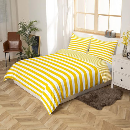 Stripe Bedding Set Yellow White Striped Comforter Set Twin Farmhouse Ticking Stripes Down Comforter Gothic Home Decor Horizontal Stripes Geometric Lines Reversible Duvet Set Kids Girls Women