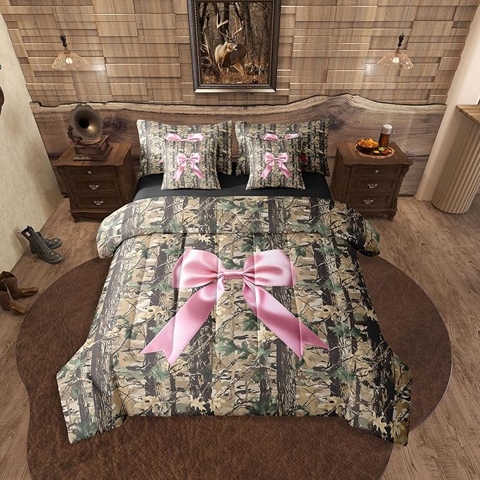 Erosebridal Bowknot Comforter Set Camo Bed in A Bag Queen Size 7 Pieces Hunting Woodland Bow Ribbon Wildlife Deer Bed Set Brown Pink Bedding