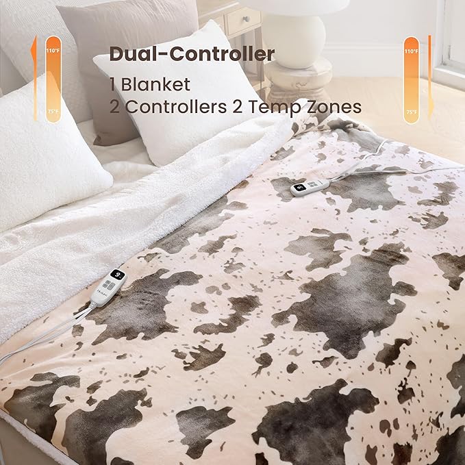 Cow Print Electric Heated Blanket Queen-Dual Control Heating Blanket Queen Size with 10 Heat Levels & 10 Hours Auto-Off, Cozy Soft Fleece Sherpa, Washable, 84x90 Inche Cow Print Light Coral