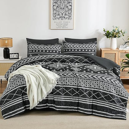 Yiran Black Comforter Set Full Size, Boho Aztec Comforter Bedding Set, 7 Piece Bohemian Summer Bed in a Bag, Soft Microfiber Striped Complete Bedding Set with Sheets for All Season