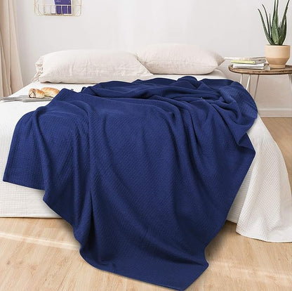 Glamburg 100% Cotton Thermal Bed Blanket, Soft Waffle, Queen Size, All Season, Navy Blue