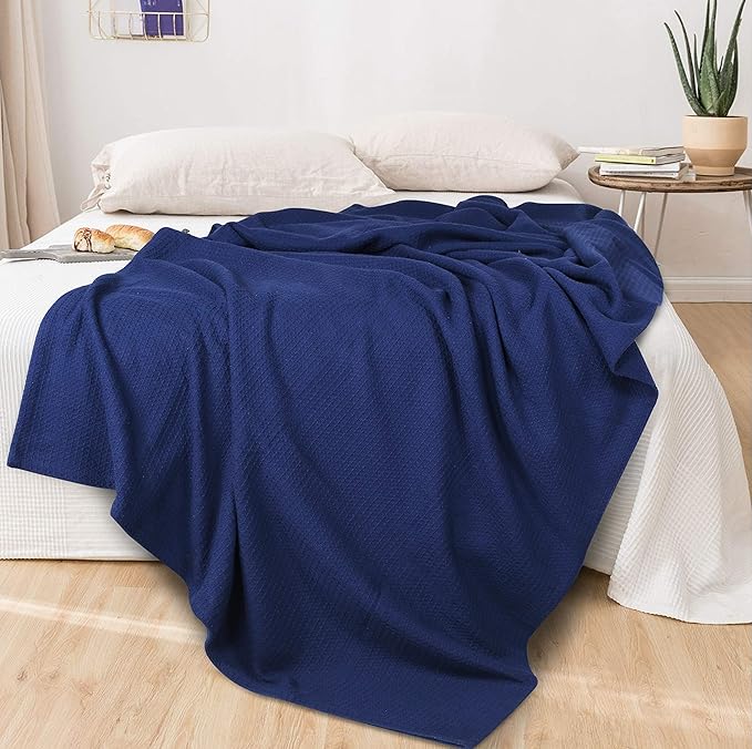 Glamburg 100% Cotton Thermal Bed Blanket, Twin Size, Soft Waffle, All Season, Navy Blue