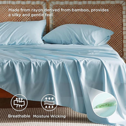 Bedsure King Size Sheets Set, Cooling Sheets for Hot Sleepers, Rayon Derived from Bamboo, Breathable & Soft, Deep Pocket Up to 16 Inches, Hotel Luxury Silky Bedding, Aqua