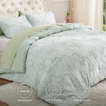 Bedsure Twin/Twin XL Comforter, GentleSoft™ 2 Pieces Bow Cute Bedding Green Room Decor Aesthetic, Twin/Twin XL Bedding Gifts for Her, 1 Bed Green Comforter, 1 Pillow Shams, 68x88 Inches